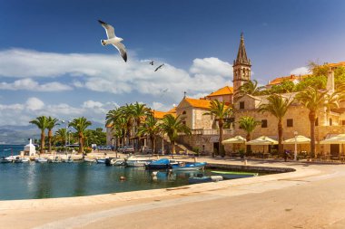 Splitska Köyü güzel liman ve martı ile t uçuyor