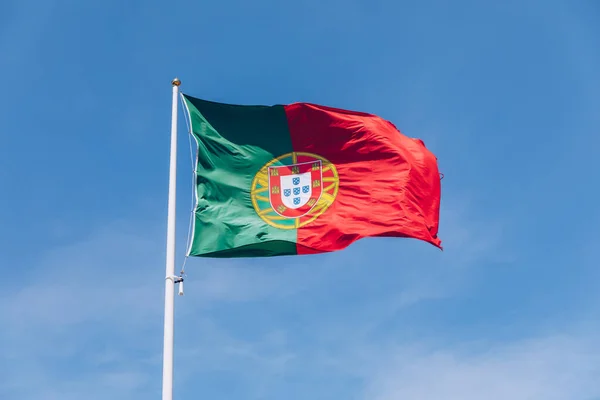 Piękne duże portugalskie flagi machając w wiatr z niebieskim — Zdjęcie stockowe