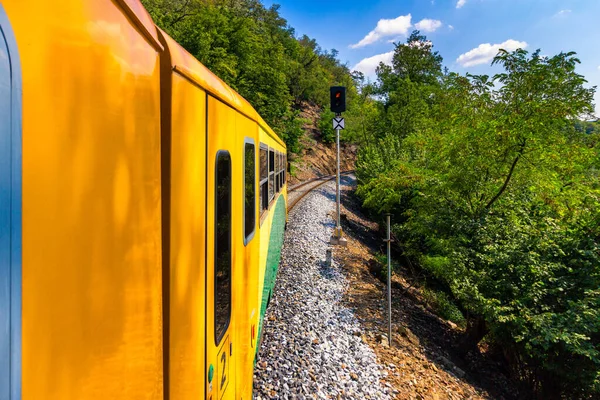 Viaggio in treno, vista dal finestrino. Vecchio treno che passa verde vegetati — Foto Stock