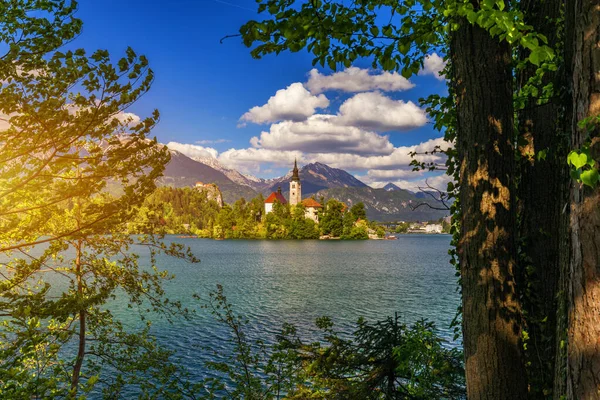 Lago Bled con la Iglesia de Santa María de la Asunción en la pequeña isla. B) — Foto de Stock