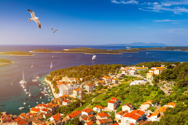 View at amazing archipelago in front of town Hvar, Croatia with 