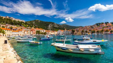 View at amazing archipelago with fishing boats in town Hvar, Cro clipart