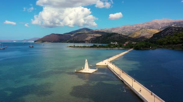 Kefalonia Adasındaki Argostoli Şehrindeki Bosset Köprüsü Nün Havadan Görüntüsü Bosset — Stok video