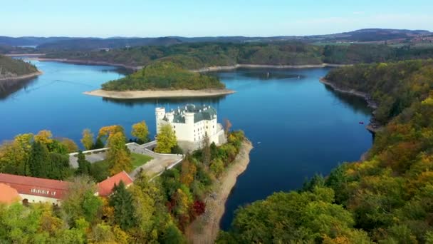 Aerial View Chateau Orlik Orlik Reservoir Beautiful Autumn Nature Romantic — Stock Video