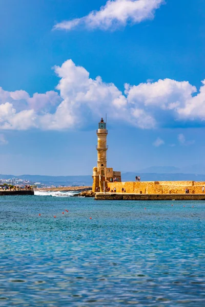 Panorama Venetian Harbour Waterfront Lighthouse Old Harbour Chania Crete Greece — Stock Photo, Image
