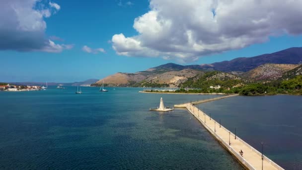 Kefalonia Adasındaki Argostoli Şehrindeki Bosset Köprüsü Nün Havadan Görüntüsü Bosset — Stok video
