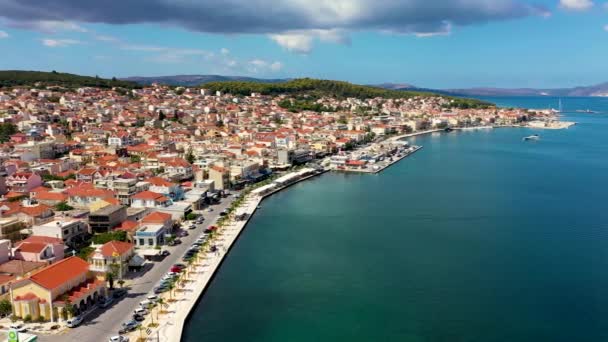 Aerial Drone Video Argostoli Argostolion Słynne Miasto Stolica Wyspy Cefalonia — Wideo stockowe