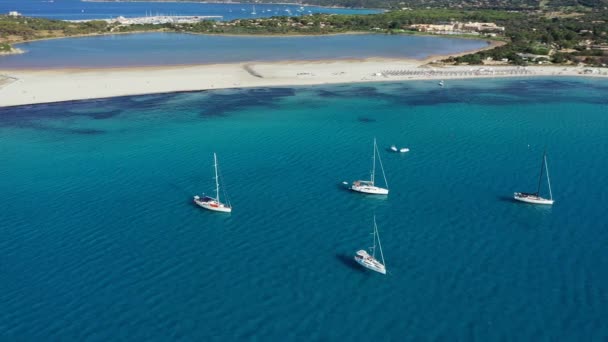 Panoramic View Sandy Beach Yachts Sea Azure Water Villasimius Sardinia — Stock Video