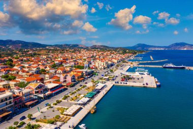 Lixouri is the second largest city of Kefalonia, Greece. Aerial view of city and port of Lixouri, Cefalonia island, Ionian, Greece.  clipart
