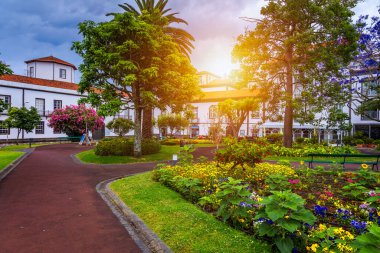 Sao Miguel adasındaki Ponta Delgada şehrinin tarihi merkezinde güzel Jardim Sena Freita. Azores, Sao Miguel, Portekiz.