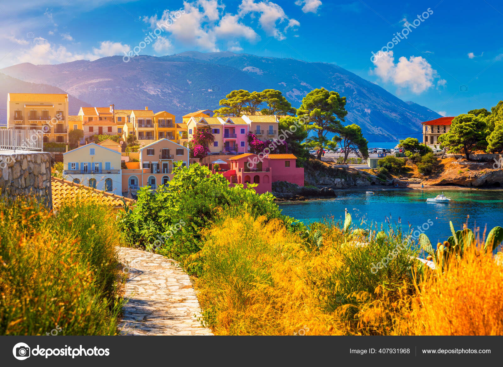 Assos Village Kefalonia Greece Turquoise Colored Bay Mediterranean Sea  Beautiful Stock Photo by ©DaLiu 407931994