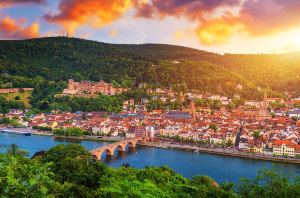 Landmark and beautiful Heidelberg town with Neckar river, Germany. Heidelberg town with the famous Karl Theodor old bridge and Heidelberg castle, Heidelberg, Germany. 
