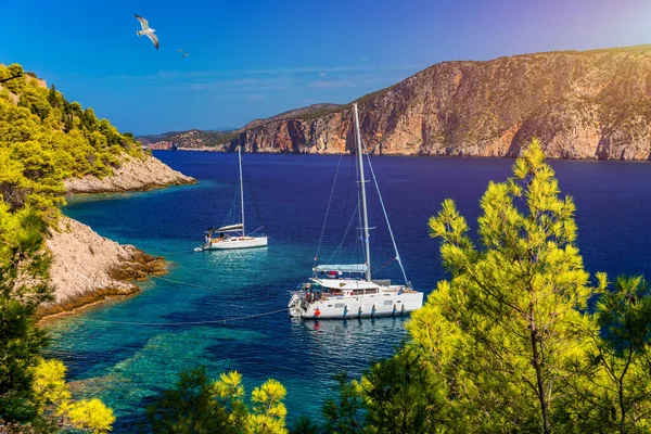 Luftaufnahme Einer Verankerten Segeljacht Smaragdgrünen Meer Luftaufnahme Eines Bootes Wassersport — Stockfoto