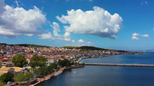 Luchtfoto Van Bosset Brug Argostoli Stad Het Eiland Kefalonia Bossetbrug — Stockvideo