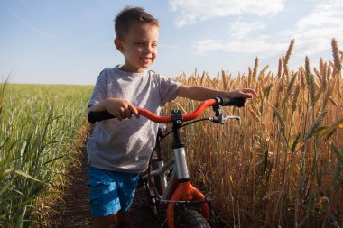 Sarı ve yeşil çocuk buğday ile araziyi bir bisiklet sürme. Yalnız bir yerde güneşli hava.