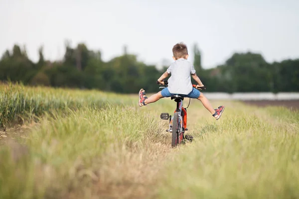 Niño Bicicleta Levanta Las Piernas Prado — Foto de Stock