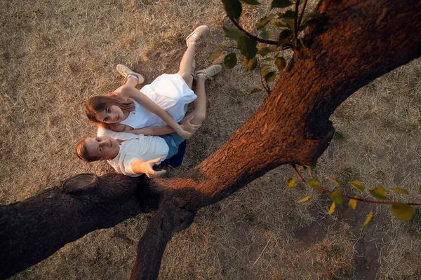 Una Pareja Amorosa Está Sentada Bajo Árbol Chico Una Chica — Foto de Stock
