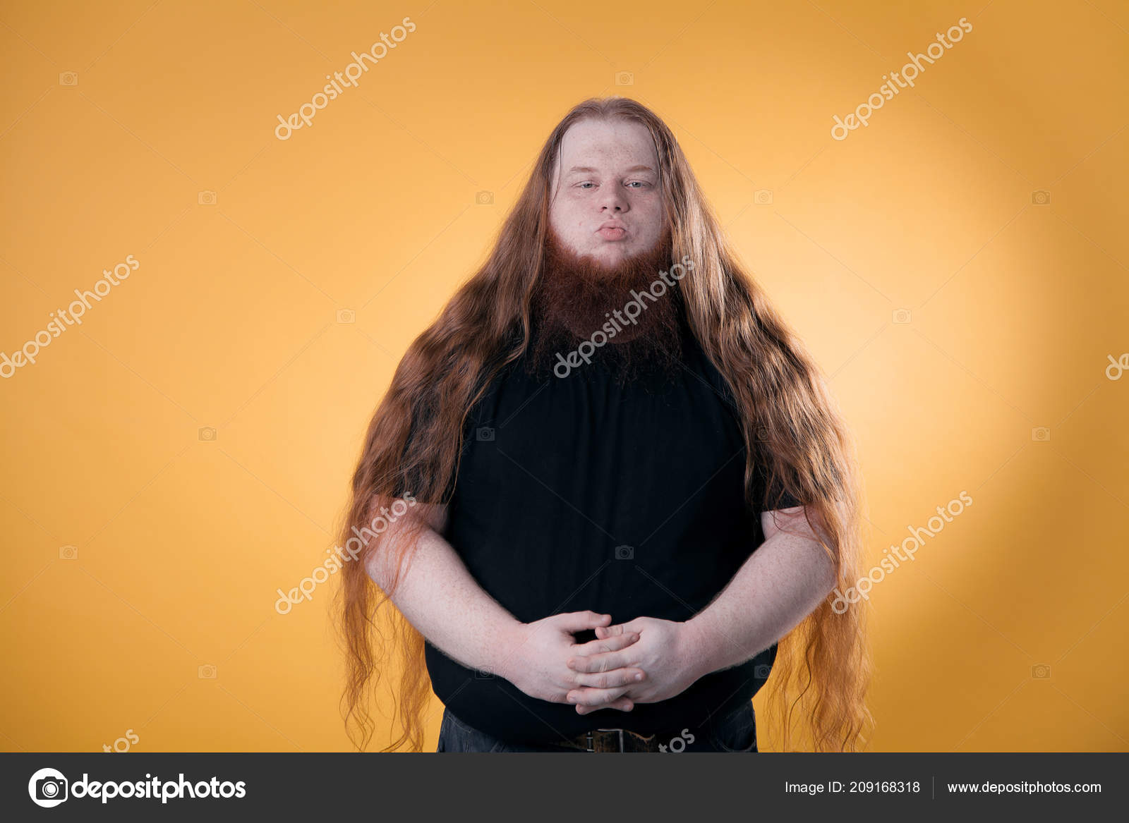 Big Bearded Red Haired Man Photo Fat Man Studio Yellow Stock