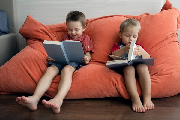 Dois Rapazes Sentam Com Livros Numa Poltrona Macia Irmãos Familiares — Fotografia de Stock