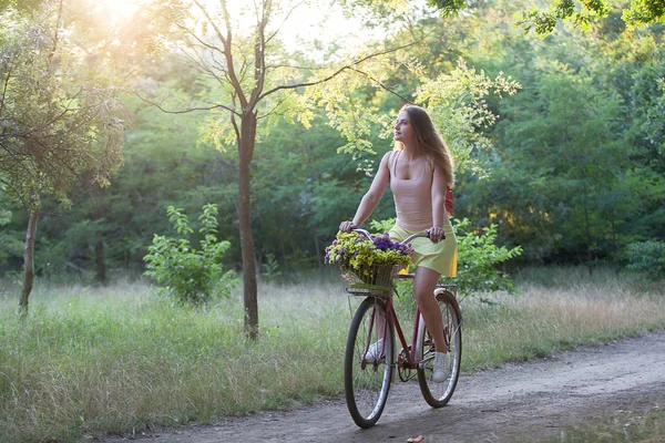 Hermosa Chica Deportiva Una Bicicleta Retro Parque Para Paseo — Foto de Stock
