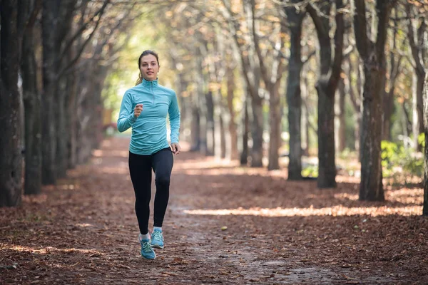 Sonbaharda spor Park atletik genç kadın çalışır.