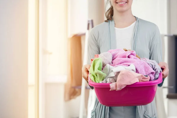 Pretty Young Woman Housewife Ironing Clean Washed Things — Stock Photo, Image