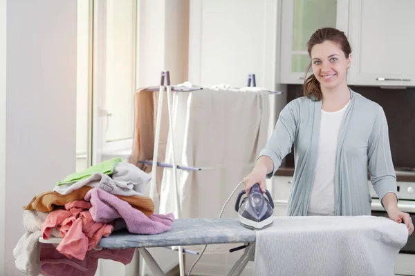 Pretty Young Woman Housewife Ironing Clean Washed Things — Stock Photo, Image