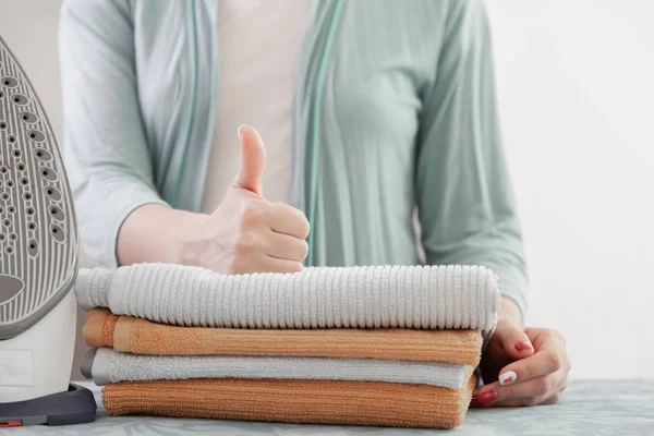 Pretty Young Woman Housewife Ironing Clean Washed Things — Stock Photo, Image