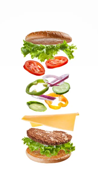 Delicious Beautiful Burger Quick Snack Flying Ingredients — Stock Photo, Image