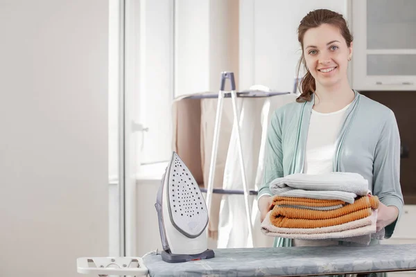 Household Chores Woman Cleans Folds Clean Things — Stock Photo, Image