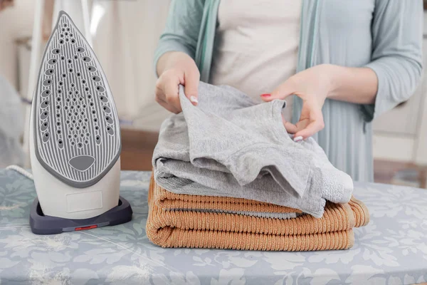 Household Chores Woman Cleans Folds Clean Things — Stock Photo, Image