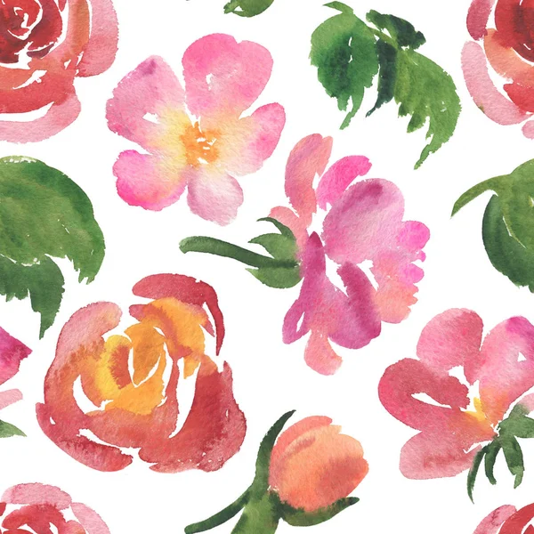 Seamless pattern of watercolor roses, green leaves