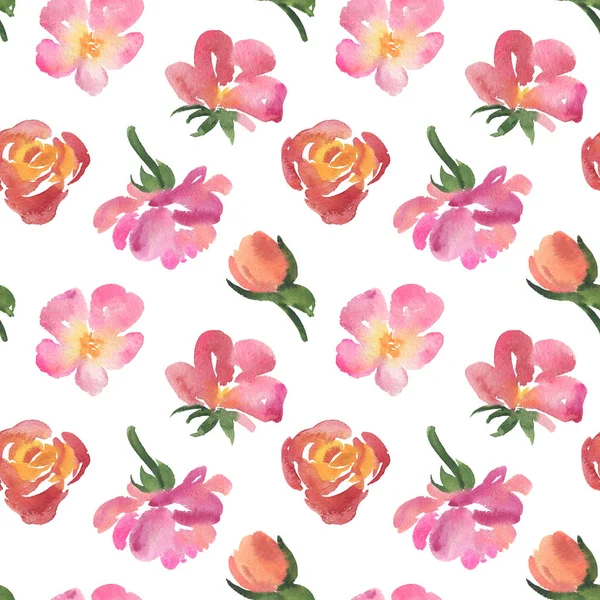 Seamless pattern of watercolor rose flowers, buds — Stock Photo, Image