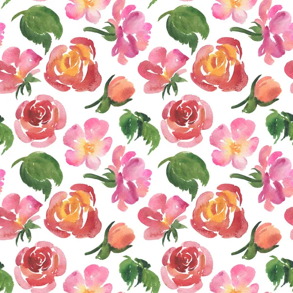 Seamless pattern of watercolor roses, green leaves — Stock Photo, Image