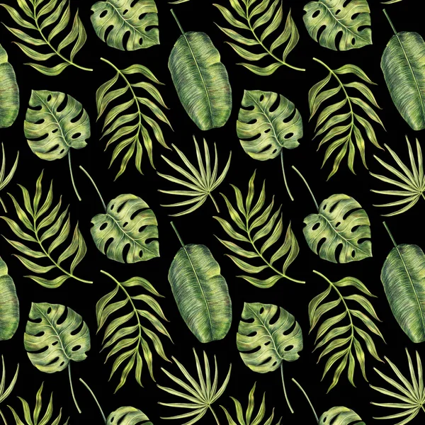 Varrat nélküli mintát trópusi Pálma levelek fekete — Stock Fotó
