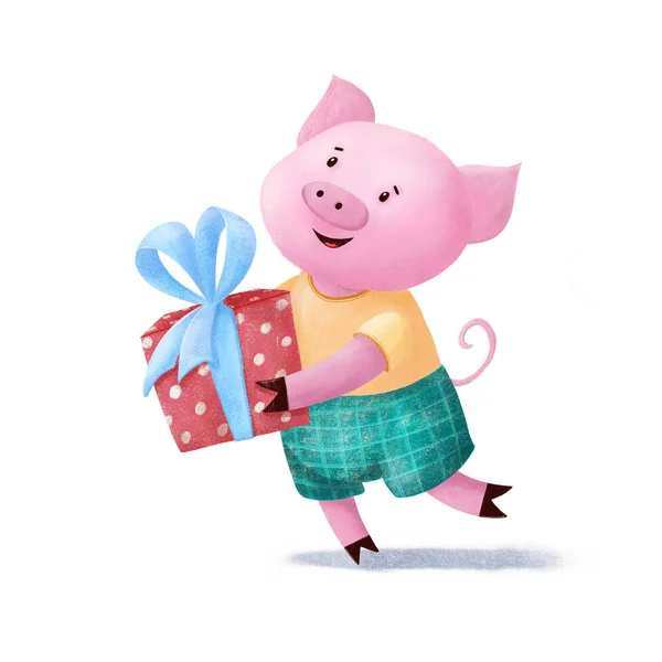 Cute pig hurrying to birthday party with a present