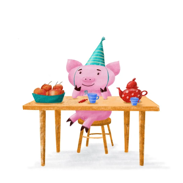 Cute pig in birthday hat sitting at table with tea