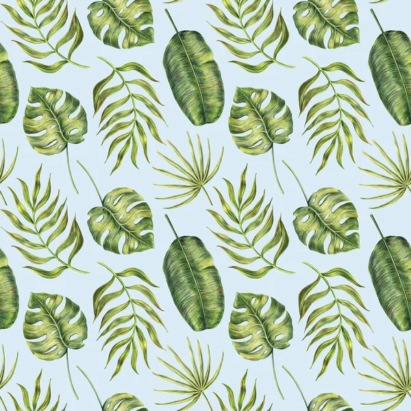 Seamless pattern of tropical palm leaves on blue