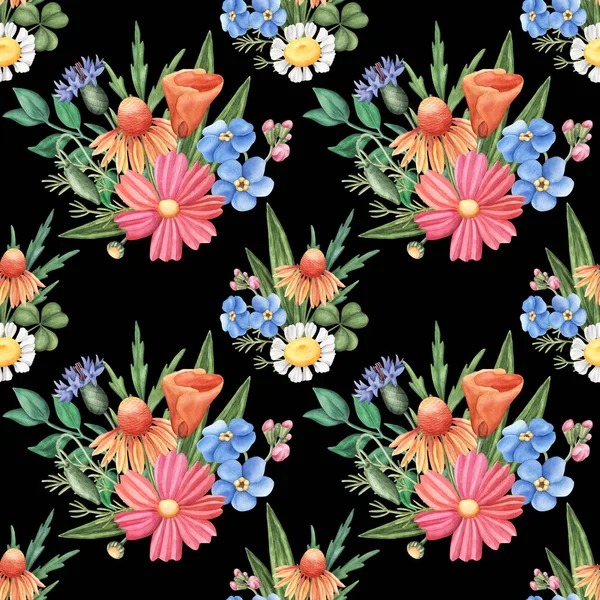 Seamless watercolor pattern, wild flowers on black — Stock Photo, Image