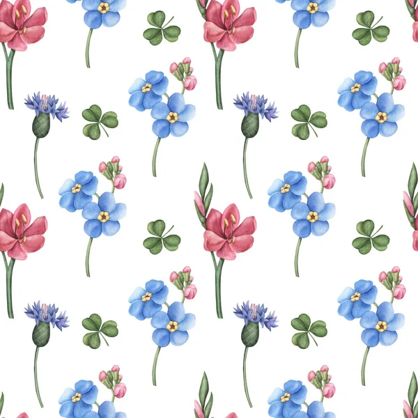Seamless pattern, blue, pink wild flowers on white — Stock Photo, Image