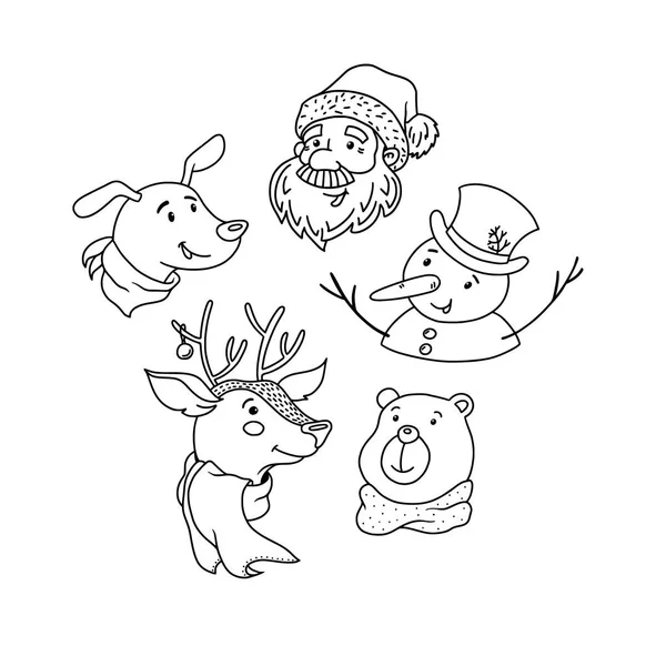 Doodle Navidad ciervos, Santa Claus, oso, muñeco de nieve, perro divertido — Vector de stock