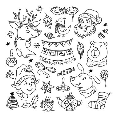 Noel doodle ile Noel Baba, geyik, köpek ayarla ve elf