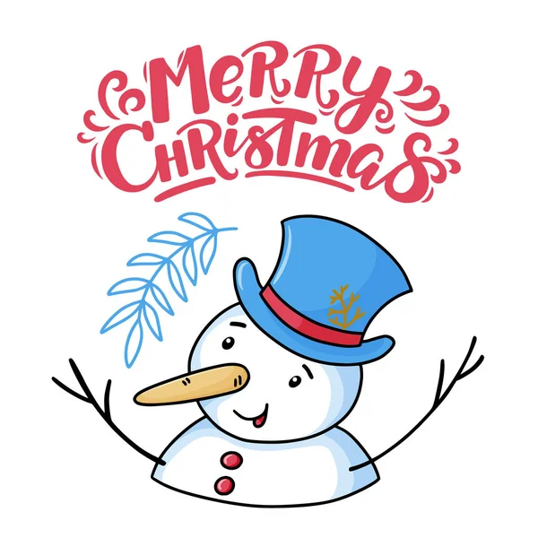 Merry Christmas greeting card with funny snowman