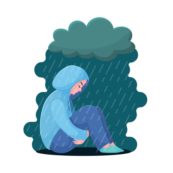 Depression, girl in hoodie sitting under rain