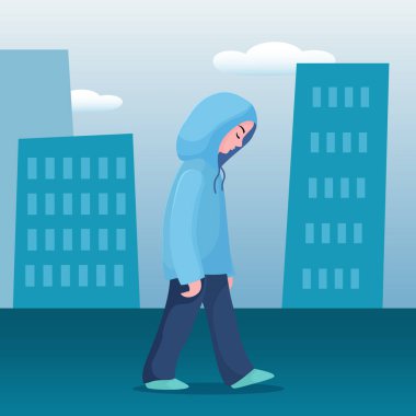Sad, unhappy girl, woman walking slowly in city
