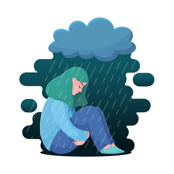 Chica deprimida, mujer sentada bajo la nube de lluvia — Vector de stock