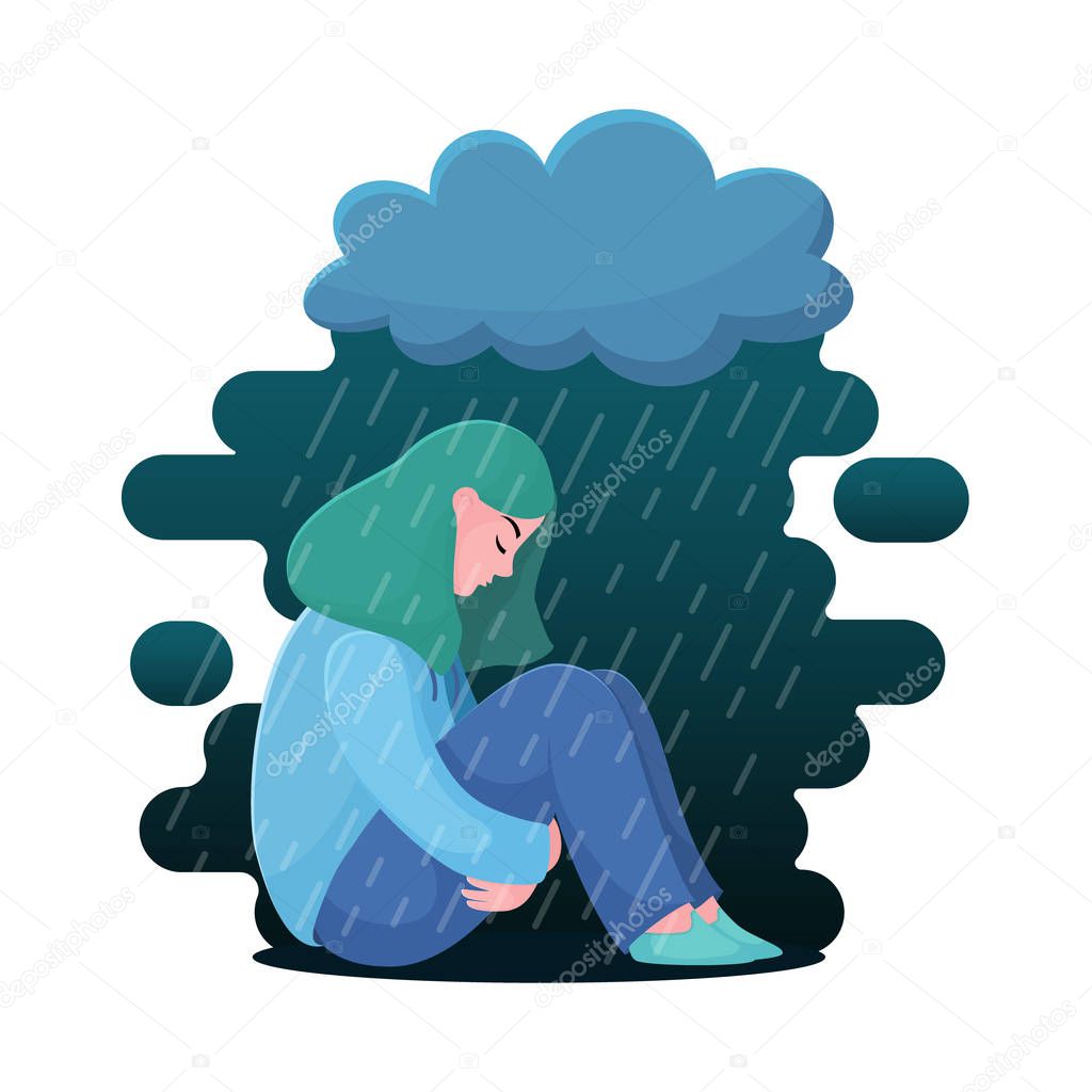 Depressed girl, woman sitting under rain cloud
