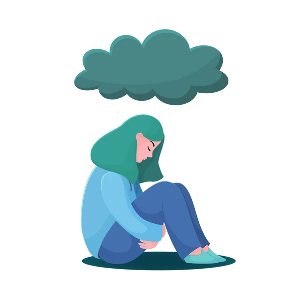 Menina infeliz, mulher sentada sob a nuvem chuvosa —  Vetores de Stock