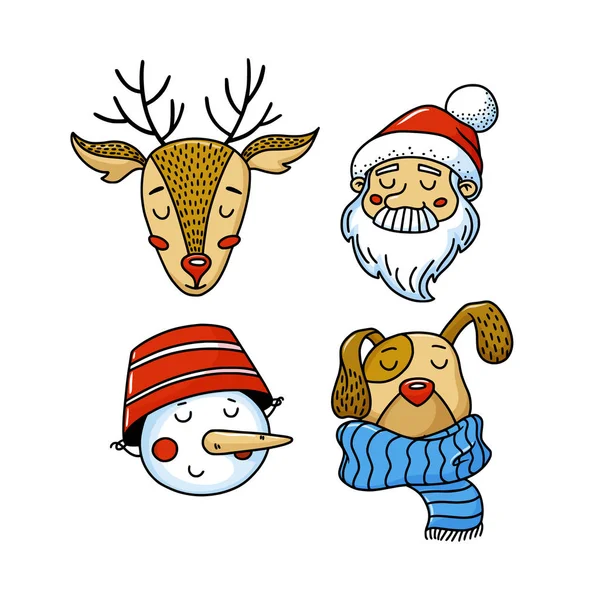Conjunto de avatares de Navidad - ciervos, Papá Noel, muñeco de nieve, perro — Vector de stock