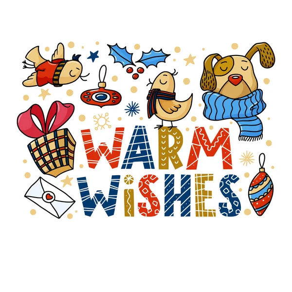 Warm Wishes greeting card with funny dog and birds